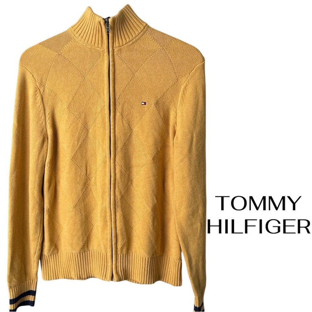 TOMMY HILFIGER Mustard Yellow Full Zip Sweater | Medium | Argyle Knit